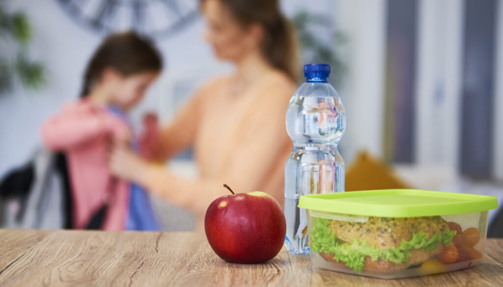 Healthy school lunch box with sandwich and fresh vegetables