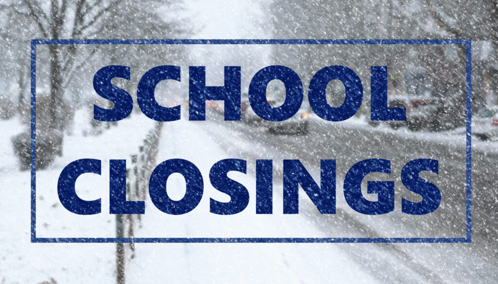 Text SCHOOL CLOSINGS and snowy street on background
