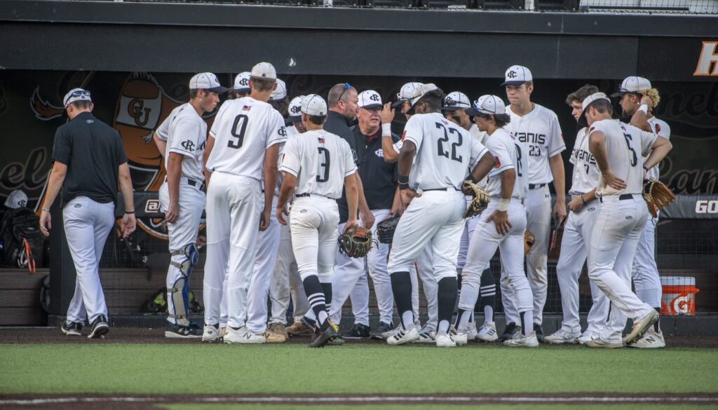 Post 45 around coach near dugout state semis