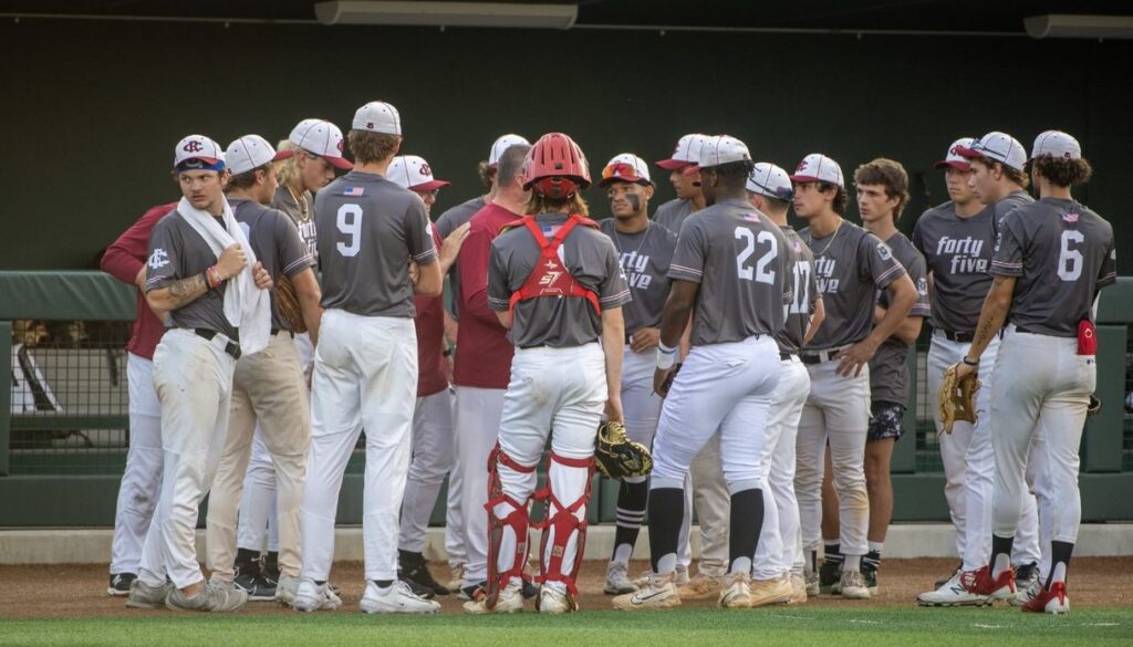 Post 45 team gathers after Game 3 loss at Rowan County July2023