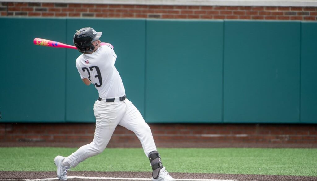 Post 45 Hunter Atkins swings in June2023 v Cleveland County